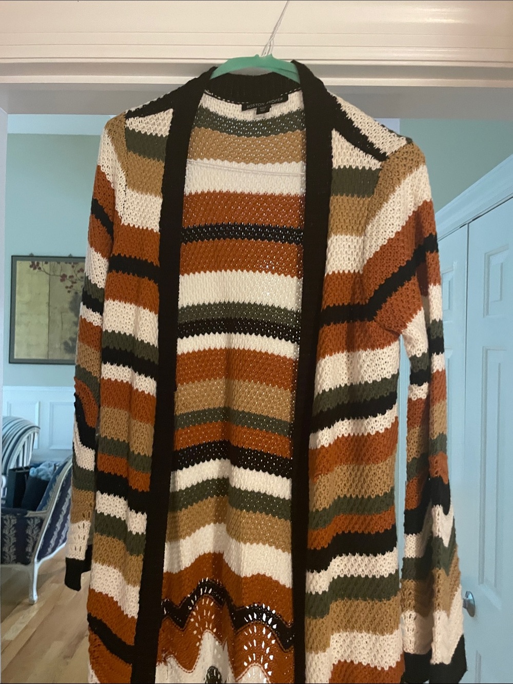 Boston Proper Striped Open Cardigan in Brown, Cream, Olive & Black